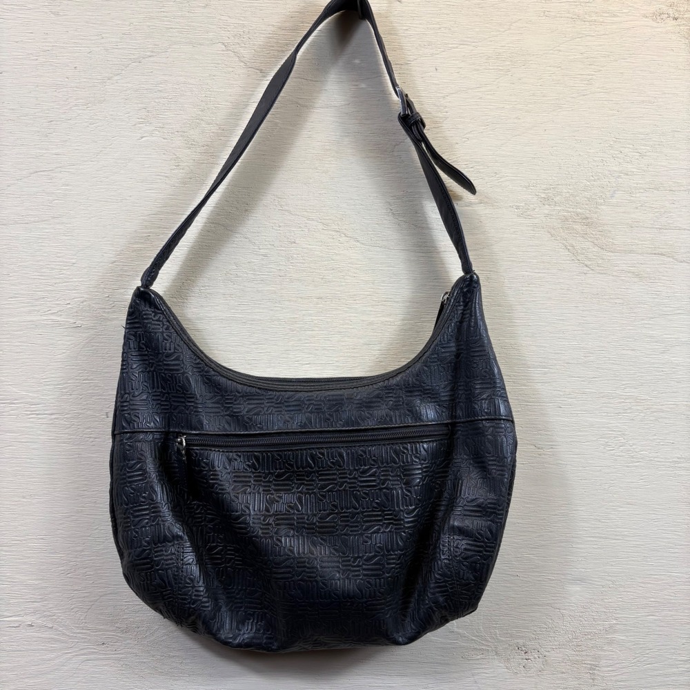 Stone Mountain Black Embossed Logo Leather Hobo Shoulder Bag Adjustable Strap